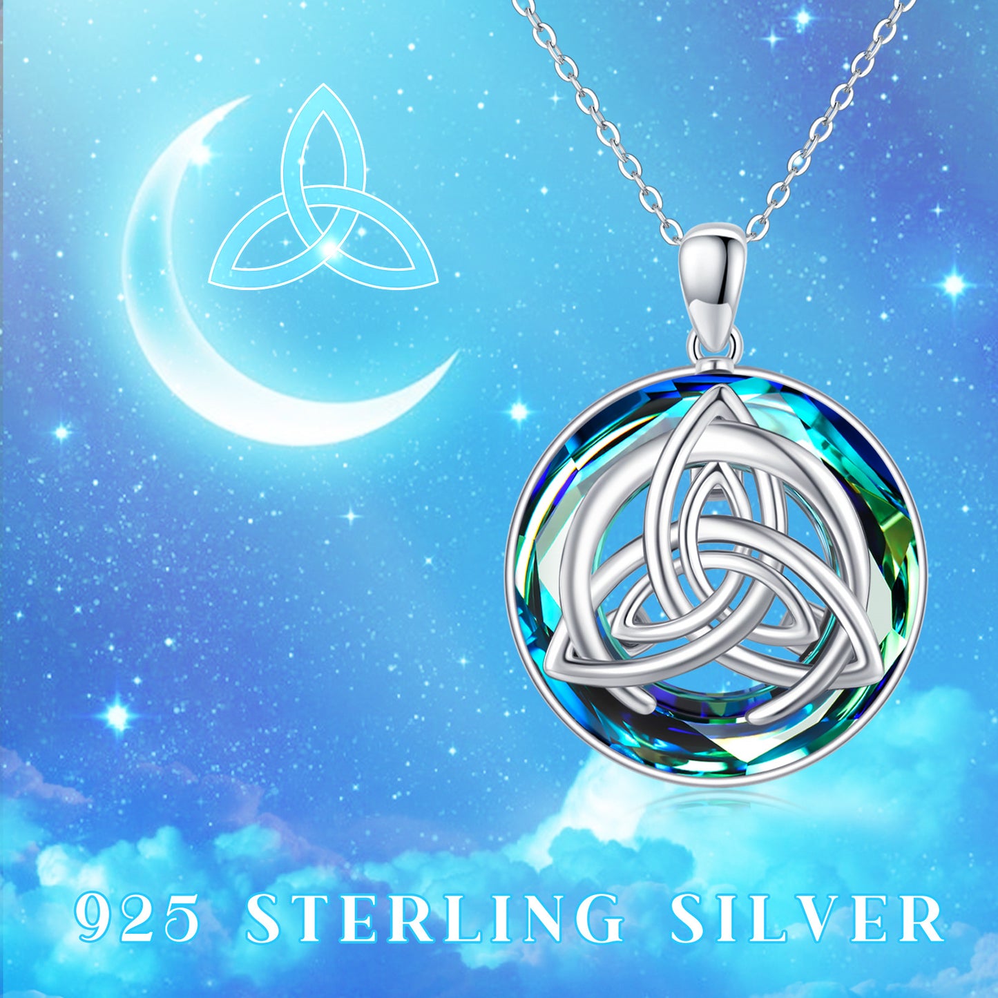 Crystal & Celtic Pendant Necklace in 925 Sterling Silver